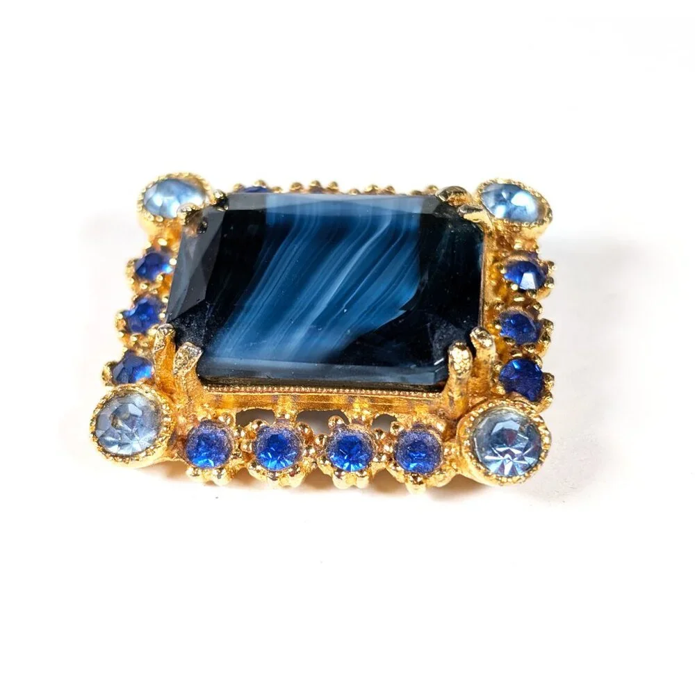 Vintage Slag Glass Brooch in Ocean Blue - Picture 3 of 4